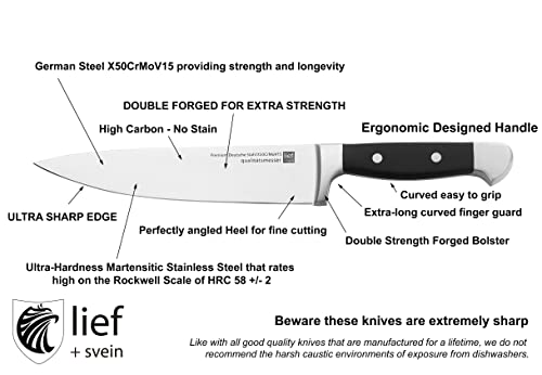 LIEF+SVEIN Brand German Steel Knife Block Set, 5-Piece Kitchen Knife Set with block. German Stainless 1.4116 Steel. Unique Kitchen Knives. Ideal Modern Décor Black knife sets with block.