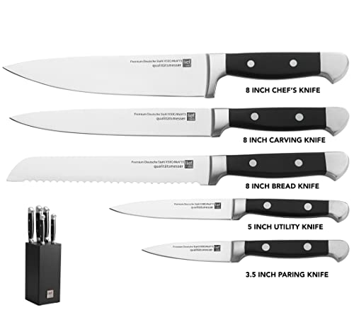 LIEF+SVEIN Brand German Steel Knife Block Set, 5-Piece Kitchen Knife Set with block. German Stainless 1.4116 Steel. Unique Kitchen Knives. Ideal Modern Décor Black knife sets with block.