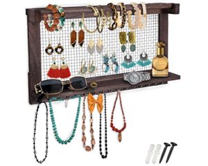 rustic jewelry organizer – wall mounted jewelry holder with removable bracelet rod, shelf and 16 hooks – perfect earrings, necklaces and bracelets holder – vintage jewelry display – torched brown