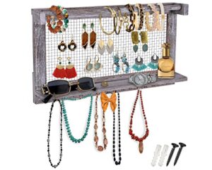 comfify rustic jewelry organizer – wall mounted jewelry holder w/removable bracelet rod, shelf & 16 hooks – perfect earrings, necklaces & bracelets holder – rustic white