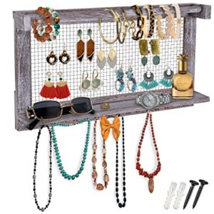 Comfify Rustic Jewelry Organizer – Wall Mounted Jewelry Holder w/Removable Bracelet Rod, Shelf & 16 Hooks – Perfect Earrings, Necklaces & Bracelets Holder – Rustic White