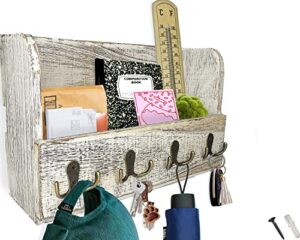 comfify wooden wall mount mail holder organizer – rustic key holder organizer for wall – magazine holder with 4 double key hooks – distressed white rustic wall décor for entryway