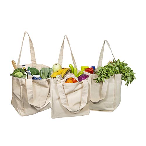 Best Canvas Grocery Shopping Bags - Canvas Grocery Shopping Bags with Handles - Cloth Grocery Tote Bags - Reusable Shopping Grocery Bags - Organic Cotton Washable & Eco-friendly Bags (3 Bags)