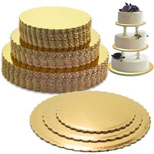 [30 pack] 8 10 12 inches round tierd cake boards combo - cardboard disposable layered cake pizza circle scalloped gold stackable tart decorating base stand