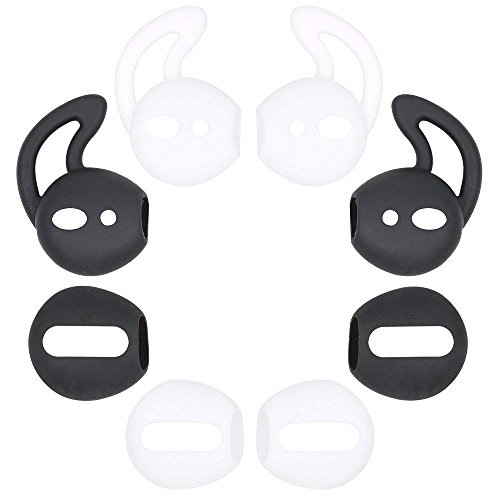 4 Pair Ear Tips Silicone Cover Compatible with AirPods, 2X Super Thin Eartips [Fit in Case] & 2X Anti-Drop Sports Ear Hook Gel [Protective & Great Noise-Isolation], White Black