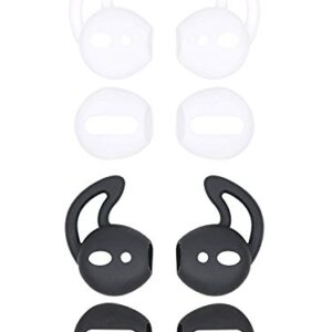 4 Pair Ear Tips Silicone Cover Compatible with AirPods, 2X Super Thin Eartips [Fit in Case] & 2X Anti-Drop Sports Ear Hook Gel [Protective & Great Noise-Isolation], White Black