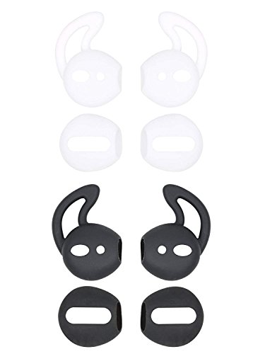 4 Pair Ear Tips Silicone Cover Compatible with AirPods, 2X Super Thin Eartips [Fit in Case] & 2X Anti-Drop Sports Ear Hook Gel [Protective & Great Noise-Isolation], White Black