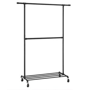 songmics clothes rack, industrial double rod metal clothing rack for hanging clothes, adjustable middle rod, with wheels and shelf, heavy-duty commercial display, black uhsr62bk