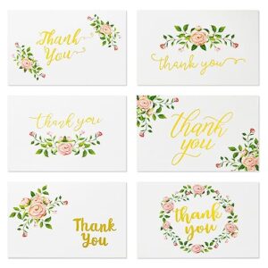48-count thank you cards with envelopes, 6 elegant rose flower designs with gold foil print for wedding baby and bridal shower