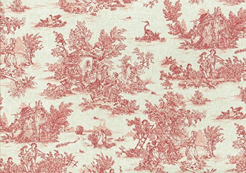 Mini Toile de Jouy Fabric (La Vie Rustique) - Antique Red on a Soft, Linen-Look Base Cloth | 100% Cotton Designer Print | 61 inches Wide | Per Yard Length Increment*