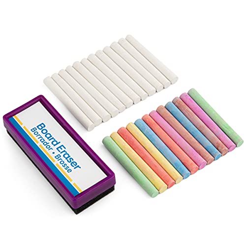 Emraw Eraser 12 White Chalk Dustless Chalk Non-Toxic 12 Color Chalkboard School Office and Sidewalk Outdoor Chalk Block Bundle for Art and Home Board Chalk with Eraser Pack of 25