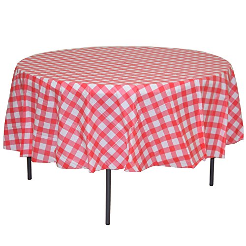 Exquisite 12 Pack Premium Round Plastic Checkered BBQ Tablecloth - Red & White Gingham Checkerboard Disposable Plastic Tablecloth 84 inch. Round