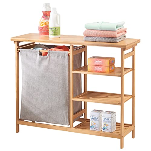 mDesign Bamboo Freestanding Laundry Hamper Basket Table - Storage Shelves for Folding Clothes and Organizing Detergent, Fabric Softener, Bleach, Dryer Sheets - Echo Collection - Natural