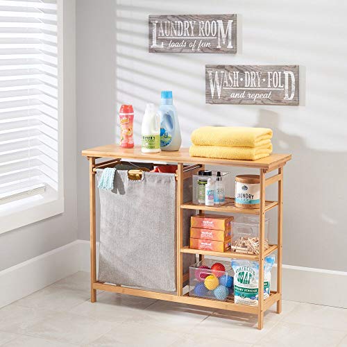 mDesign Bamboo Freestanding Laundry Hamper Basket Table - Storage Shelves for Folding Clothes and Organizing Detergent, Fabric Softener, Bleach, Dryer Sheets - Echo Collection - Natural