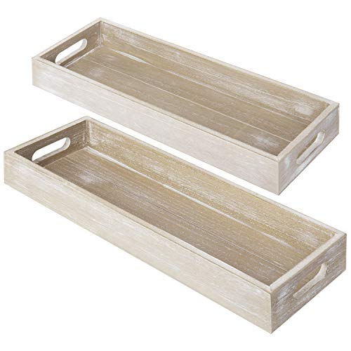 MyGift 16 x 6 Inch Rustic White Wood Decorative Serving Trays with Cutout Handles, Long Rectangular Ottoman Tray Centerpiece, Set of 2