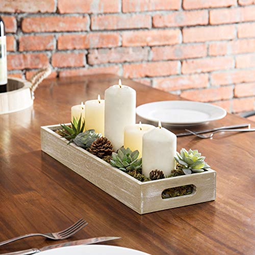 MyGift 16 x 6 Inch Rustic White Wood Decorative Serving Trays with Cutout Handles, Long Rectangular Ottoman Tray Centerpiece, Set of 2