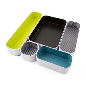 three by three seattle 5 piece metal organizer tray set for storing makeup, stationery, utensils, and more in office desk, kitchen and bathroom drawers (2 inch, assorted colors, stripes)