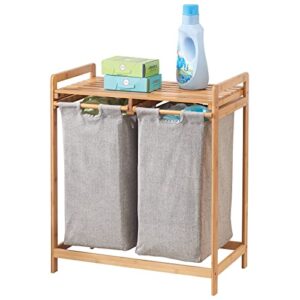 mdesign freestanding bamboo 2 section double laundry organizer hamper with removable storage sorter bags, space-saving basket duo with handles for clothes/linens - echo collection - natural/tan