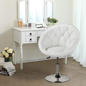 Yaheetech Vanity Chair Makeup Chair Swivel Accent Chair Height Adjustable Round Back Tilt Chair with Chrome Frame for Makeup Room, Living Room, White