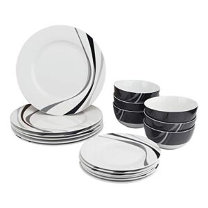 amazon basics 18-piece kitchen dinnerware set, plates, dishes, bowls, service for 6, swirl
