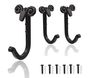 the metal magician sheep headed iron hooks wall mount black hanger set of 3 heavy duty towel holder for hanging hats, coat, keys, clothes, bags closet hooks for bathroom, kitchen, entryway