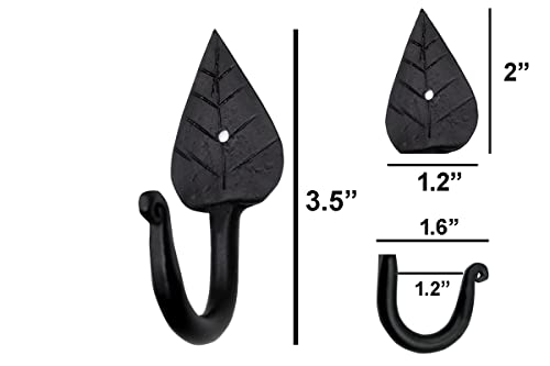 The Metal Magician Pack of 6 Coat Hooks Wall Mounted Leaf Style Single Robe Hanger Iron Blacksmith Key Holder Towel, Handbags, Hat Hanging Perfect for Bathroom, Kitchen, Living Room (Black)