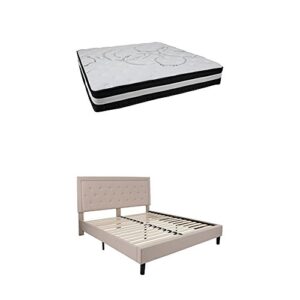flash furniture roxbury king size tufted upholstered platform bed in beige fabric with pocket spring mattress