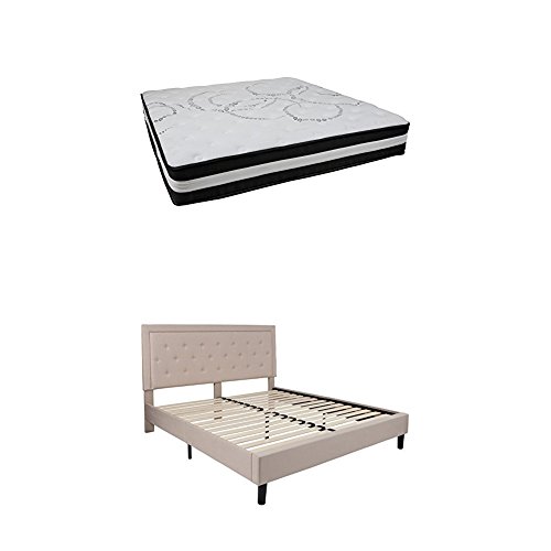 Flash Furniture Roxbury King Size Tufted Upholstered Platform Bed in Beige Fabric with Pocket Spring Mattress