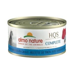 almo nature hqs complete tuna with sardines in gravy, grain free, adult cat canned wet food, flaked.