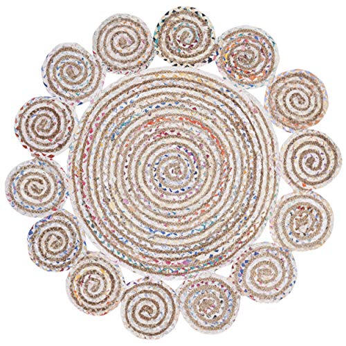 SAFAVIEH Cape Cod Collection Area Rug - 3' Round, Ivory & Multi, Handmade Boho Braided Jute & Cotton, Ideal for High Traffic Areas in Living Room, Bedroom (CAP211A)