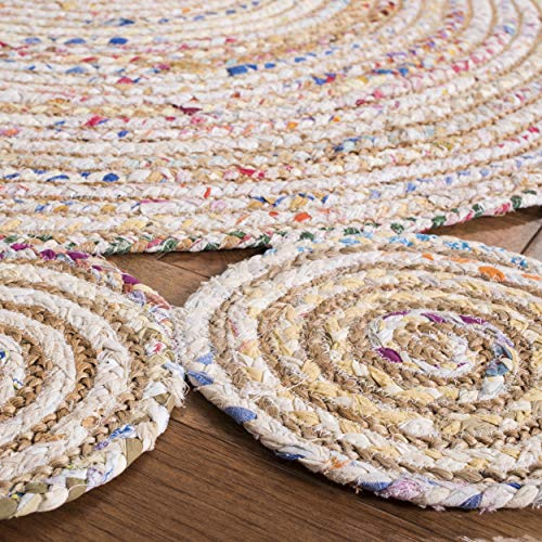 SAFAVIEH Cape Cod Collection Area Rug - 3' Round, Ivory & Multi, Handmade Boho Braided Jute & Cotton, Ideal for High Traffic Areas in Living Room, Bedroom (CAP211A)