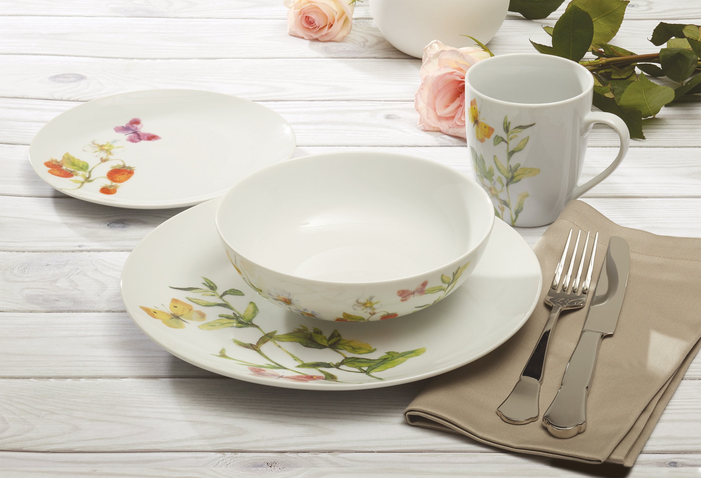 Safdie & Co. AM02684 16 Piece Botanical Butterflies Dinner Set, 16pcs, White