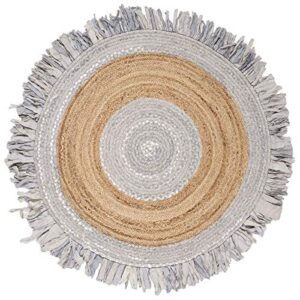 safavieh cape cod collection 3' round light grey / natural cap701f handmade boho fringe jute & cotton area rug