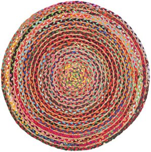 safavieh cape cod collection area rug - 3' round, red & multi, handmade braided boho jute & cotton, ideal for high traffic areas in living room, bedroom (cap702q)