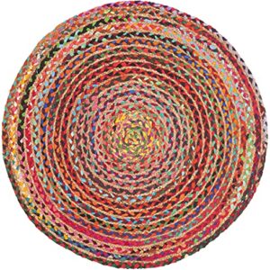 SAFAVIEH Cape Cod Collection Area Rug - 3' Round, Red & Multi, Handmade Braided Boho Jute & Cotton, Ideal for High Traffic Areas in Living Room, Bedroom (CAP702Q)