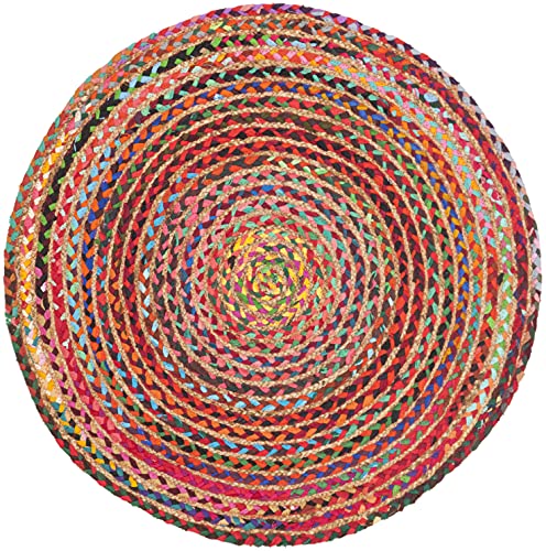 SAFAVIEH Cape Cod Collection Area Rug - 3' Round, Red & Multi, Handmade Braided Boho Jute & Cotton, Ideal for High Traffic Areas in Living Room, Bedroom (CAP702Q)