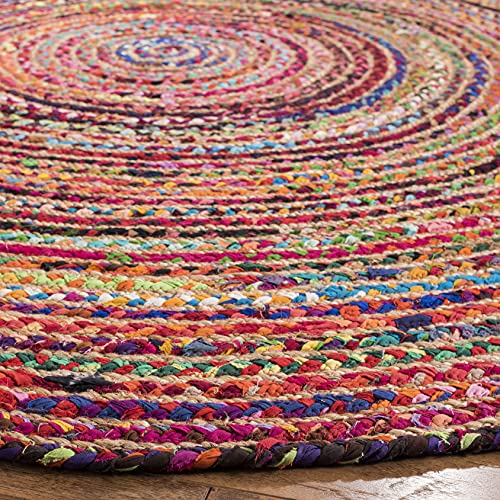 SAFAVIEH Cape Cod Collection Area Rug - 3' Round, Red & Multi, Handmade Braided Boho Jute & Cotton, Ideal for High Traffic Areas in Living Room, Bedroom (CAP702Q)