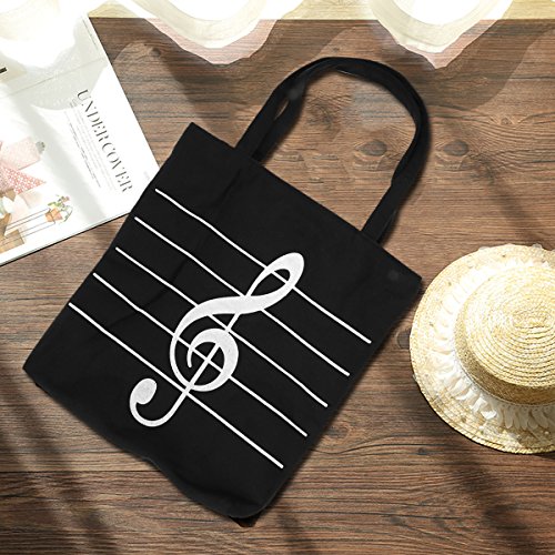 Music Notes Handbag Canvas Tote Bag Reusable Grocery Bag Shoulder Shopping Bag for Women Girls Gift (Black)