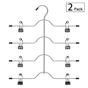 Szxc 2 Pack Skirt Pants Hangers with Adjustable Clips - 4 Tier Chrome with Black Vinyl - Non-Slip Durable - Closet Storage Organizer Space Saving (Pants Skirt Hangers (Set of 2)