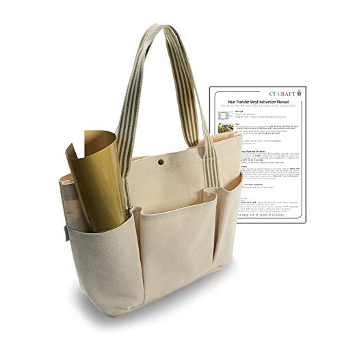 CT CRAFT LLC Stylish Canvas Tote Bag +[Free 12x10” HTV Heat Transfer Vinyl sheet] : Inner Water-Repellent, Three Outer Pockets, One Inner Pocket。Large Capacity