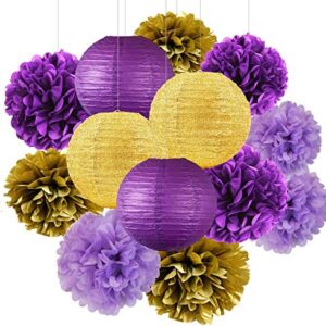 Graduation Decorations Purple Gold 2023 Furuix Purple Gold Birthday Party Decorations Glitter Gold/Purple Paper Lanterns Purple Birthday/Baby Shower/ Bridal Shower/Wedding Decorations/Lsu Decorations