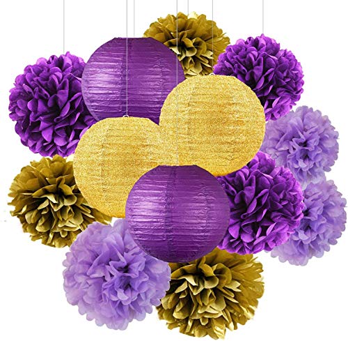 Graduation Decorations Purple Gold 2023 Furuix Purple Gold Birthday Party Decorations Glitter Gold/Purple Paper Lanterns Purple Birthday/Baby Shower/ Bridal Shower/Wedding Decorations/Lsu Decorations