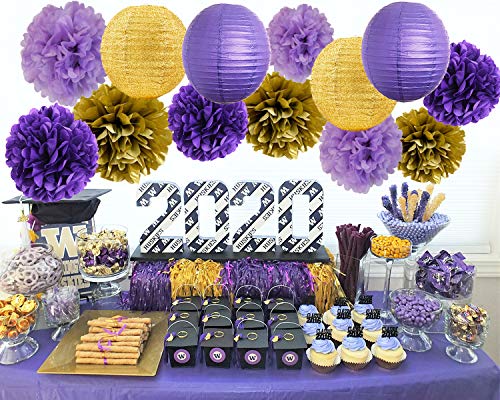 Graduation Decorations Purple Gold 2023 Furuix Purple Gold Birthday Party Decorations Glitter Gold/Purple Paper Lanterns Purple Birthday/Baby Shower/ Bridal Shower/Wedding Decorations/Lsu Decorations