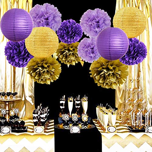 Graduation Decorations Purple Gold 2023 Furuix Purple Gold Birthday Party Decorations Glitter Gold/Purple Paper Lanterns Purple Birthday/Baby Shower/ Bridal Shower/Wedding Decorations/Lsu Decorations