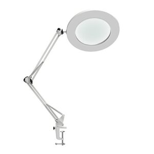 youkoyi led magnifying lamp metal swing arm magnifier lamp -10 levels brightness, 3 color modes, 5x magnification, 4.1" diameter glass lens, adjustable industrial clamp for reading/office/work (white)