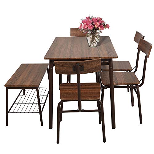 LUCKYERMORE 6 Piece Dining Room Table Set with Bench Compact Wooden Kitchen Table and 5 Chairs with Metal Legs Dinette Sets