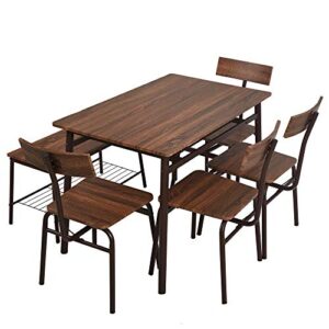 LUCKYERMORE 6 Piece Dining Room Table Set with Bench Compact Wooden Kitchen Table and 5 Chairs with Metal Legs Dinette Sets