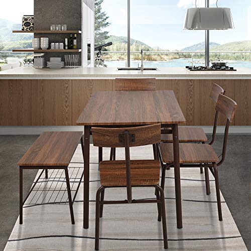LUCKYERMORE 6 Piece Dining Room Table Set with Bench Compact Wooden Kitchen Table and 5 Chairs with Metal Legs Dinette Sets