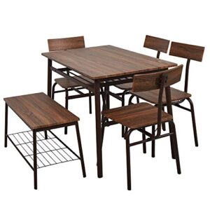 LUCKYERMORE 6 Piece Dining Room Table Set with Bench Compact Wooden Kitchen Table and 5 Chairs with Metal Legs Dinette Sets