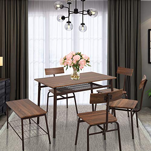 LUCKYERMORE 6 Piece Dining Room Table Set with Bench Compact Wooden Kitchen Table and 5 Chairs with Metal Legs Dinette Sets